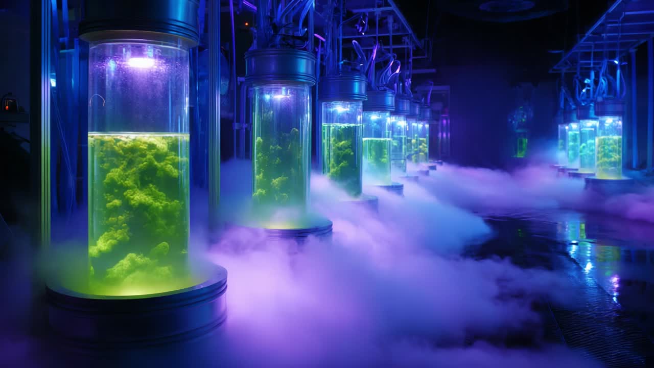Illuminated Bioreactor Lab: A Futuristic Scene Featuring Vibrant Green Liquid Cultures Inside Glass Cylinders Surrounded by Ethereal Fog and Soft Lighting, Creating a Mysterious Laboratory Atmosphere