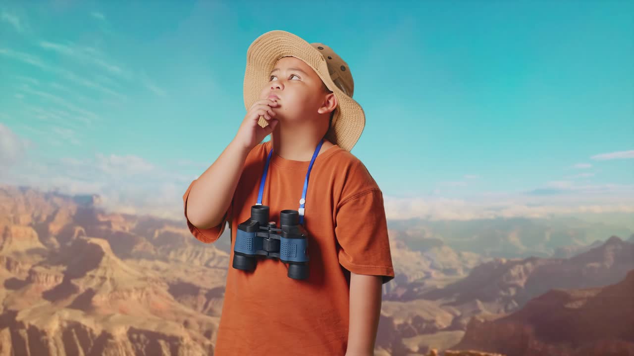 Asian Boy With A Hat And Binoculars Thinking About Something And Looking Around While Traveling At The Top Of Mountain. Boy Researcher, Travel Tourism Adventure Concept