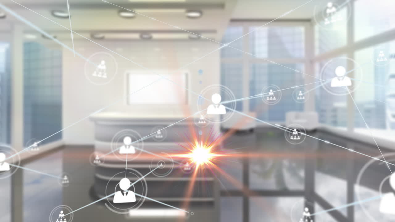 네트워크 연결 및 데이터 처리 애니메이션 현대 사무실 인테리어