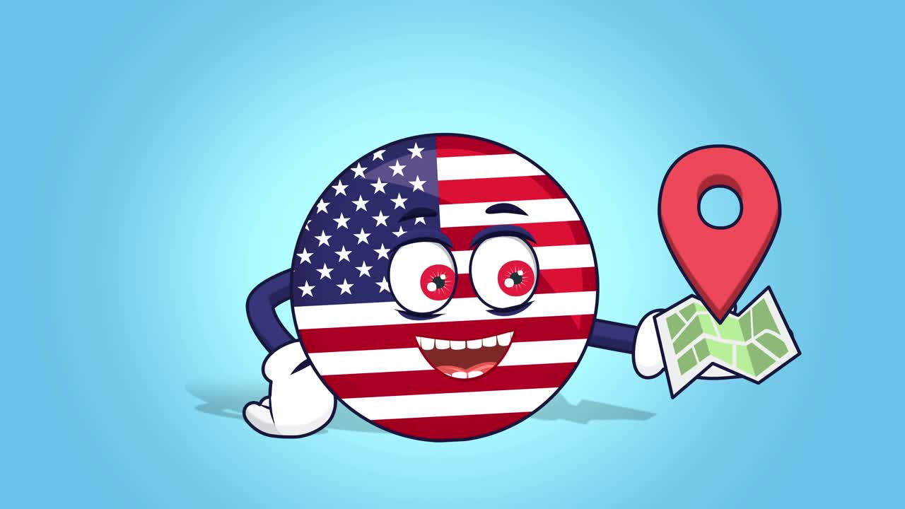 icona de dibujos animados bandera de los estados unidos de américa mapa de ubicación con animación facial