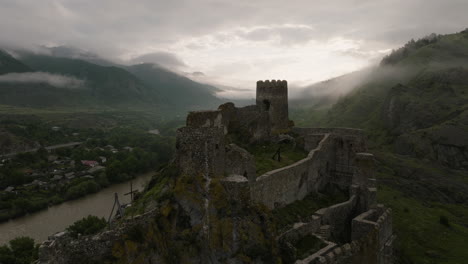 flying through medieval stronghold of atskuri fortress in khashuri-akhaltsikhe-vale, georgia