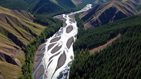 aerial view of a winding river through a vast forested valley
