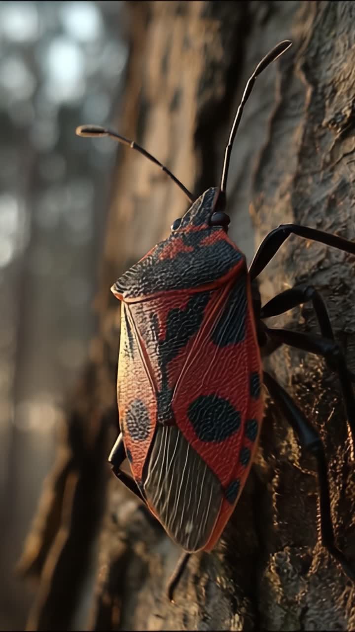 A Close-Up View of a Colorful Insect Crawling on a Textured Tree Bark in a Serene Forest Background, Showcasing Its Distinctive Features and Beauty