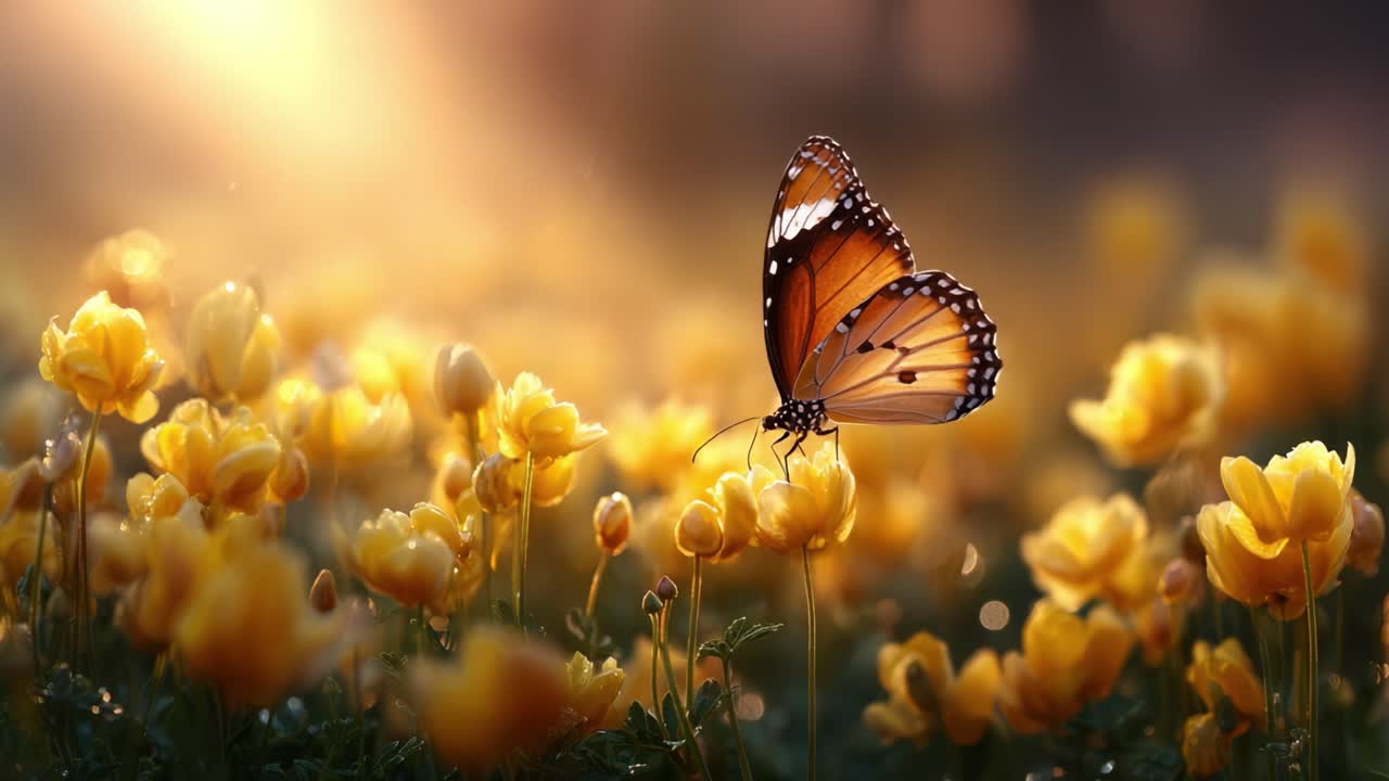 A Graceful Butterfly Captivatingly Perched Among Radiant Yellow Flowers Under a Warm Glowing Light, Creating a Scene of Serene Beauty and Nature's Harmony