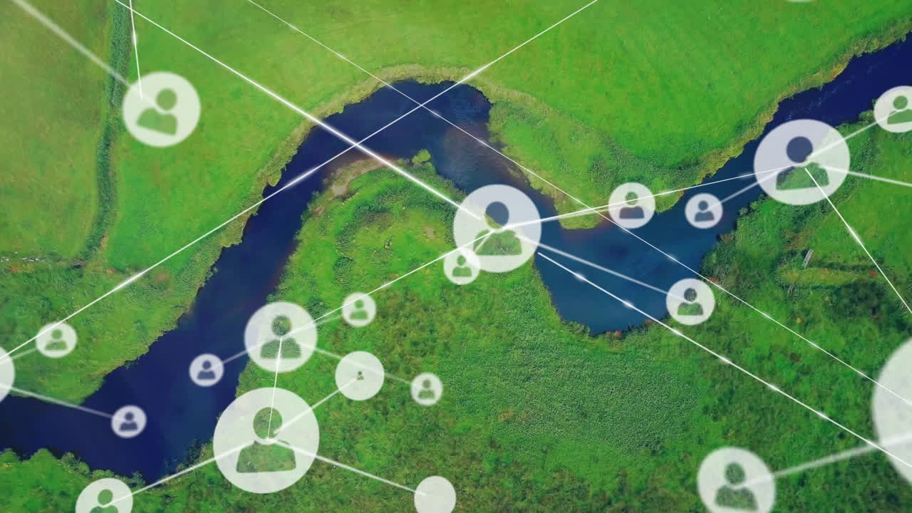강 풍경에 대한 아이콘을 가진 연결 네트워크의 애니메이션