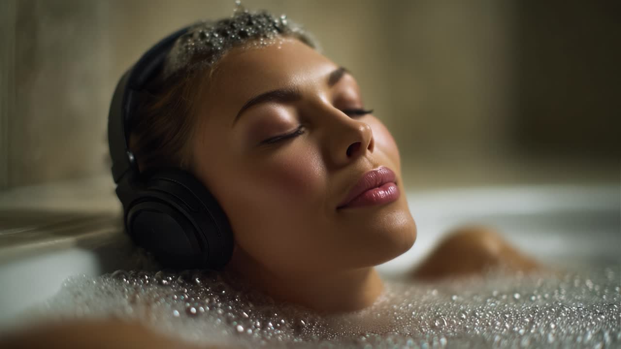 A Relaxing Bath Experience: A Woman Enjoys Soothing Sounds While Immersed in Bubbles with Headphones, Creating a Serene Atmosphere of Relaxation and Tranquility