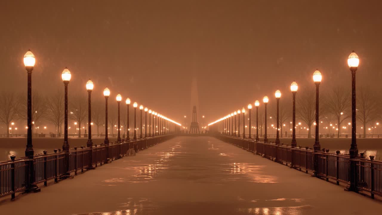 A Serene Winter Evening: A Pathway of Lights Enveloped in Snow, Creating a Dreamlike Atmosphere Beneath a Snowy Sky