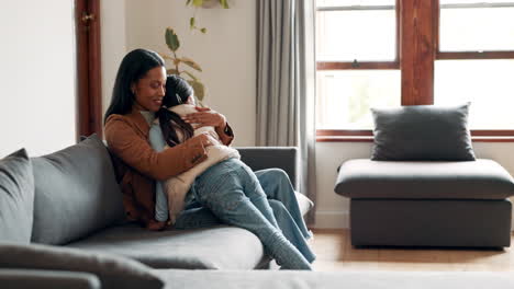 family, mother and girl hugging on a sofa