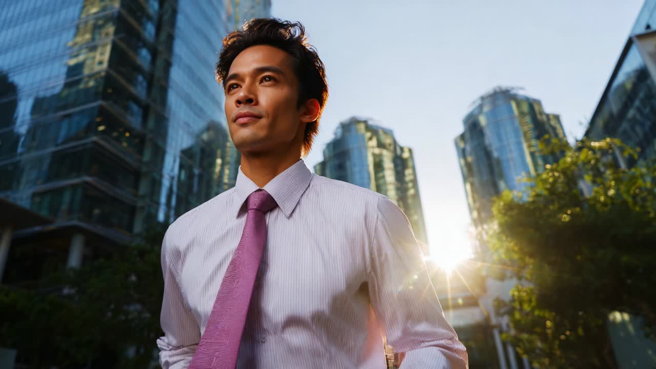A confident business professional stands amidst modern skyscrapers, showcasing a sense of ambition and hope as the sun sets behind the buildings, glowing softly in the background with a hopeful outlook for the future
