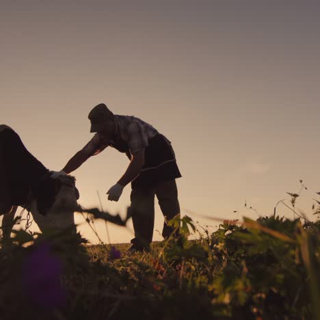 a veterinarian inspects a cow in a meadow