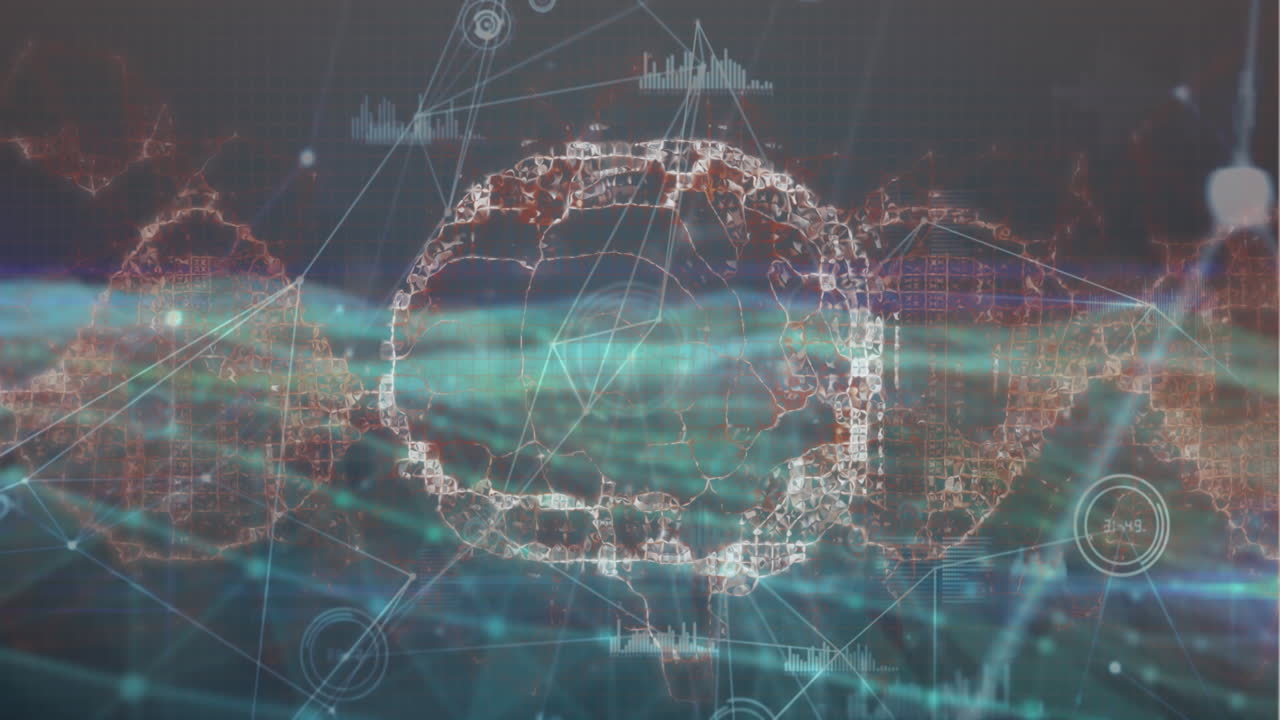 animación de la red de conexiones contra el icono del cerebro humano giratorio y la onda digital