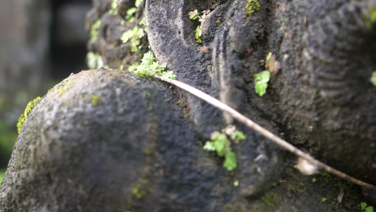 primer plano de una pequeña estatua balinesa, vieja, antigua, con una cara de aspecto animal