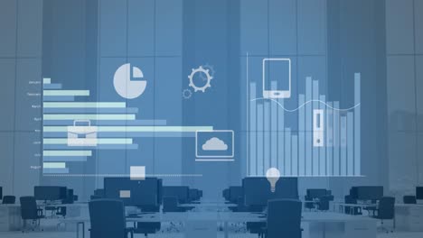 animation of financial data processing over desks in office