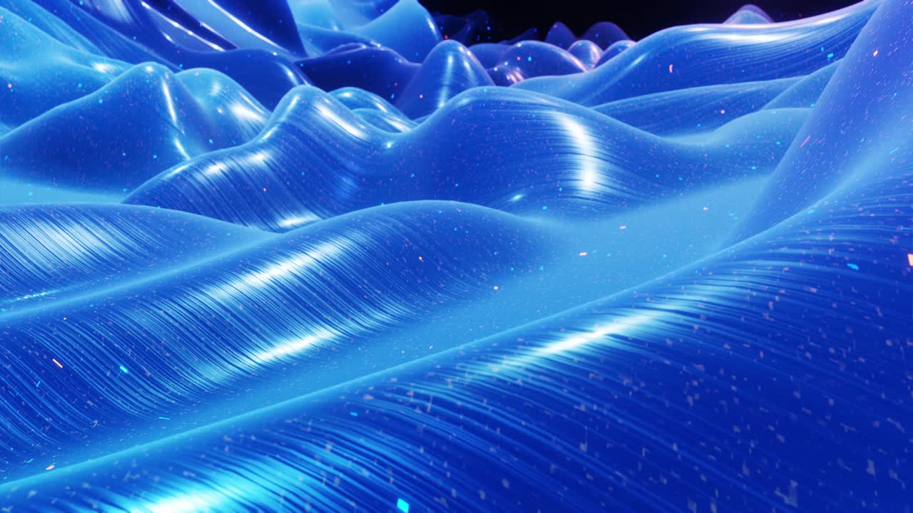 fantastical festive blue bg. Stylish abstract looped background, waves move on glossy surface like landscape made of liquid blue wax with sparkles. Beautiful soft background with smooth animation 4k