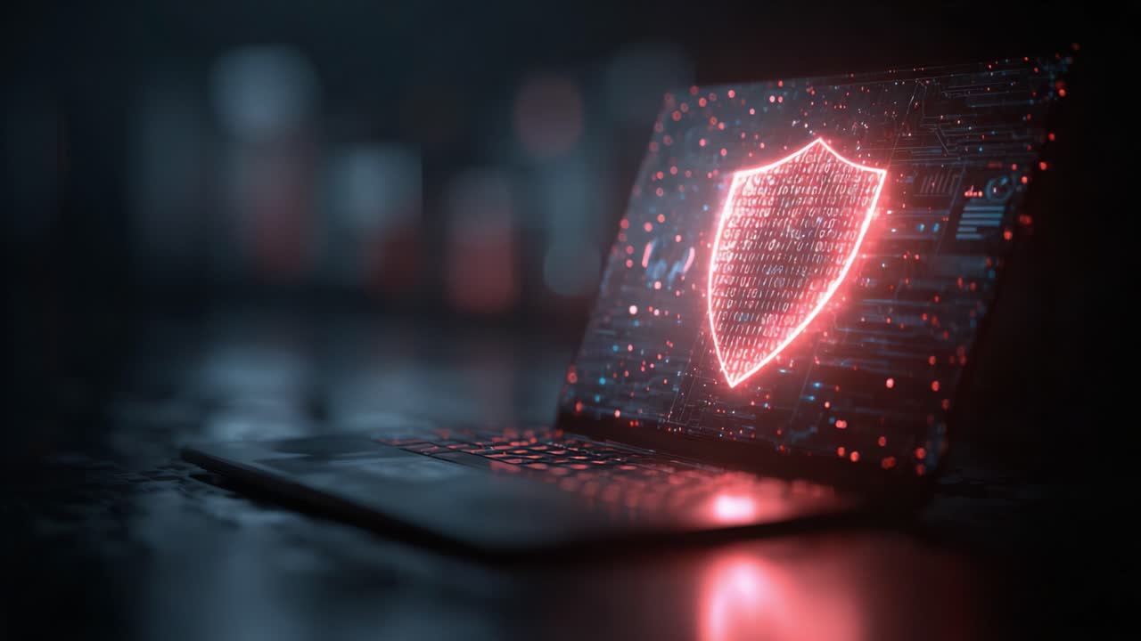 A Cybersecurity Concept Art Featuring a Laptop Displaying a Glowing Shield Emblem, Representing Protection Against Digital Threats and Data Breaches in a Dark Atmosphere