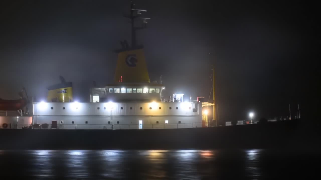 Mysterious Ship Illuminated in Fog: A Captivating Scene of Maritime Exploration with Striking Lights Cutting Through the Dense Mist at Night