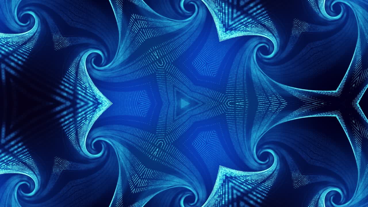 el fondo azul abstracto de 4k de partículas de brillo forma líneas curvas, superficies estructuras simétricas como en el holograma caleidoscópico. tema abstracto de ciencia ficción con ondas de partículas.