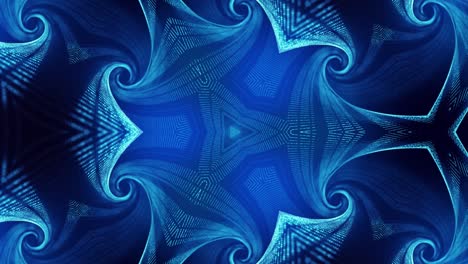 4k looped abstract blue background of glow particles form curved lines, surfaces simmetrical structures as in kaleidoscopic hologram. sci-fi abstract theme with particle waves.