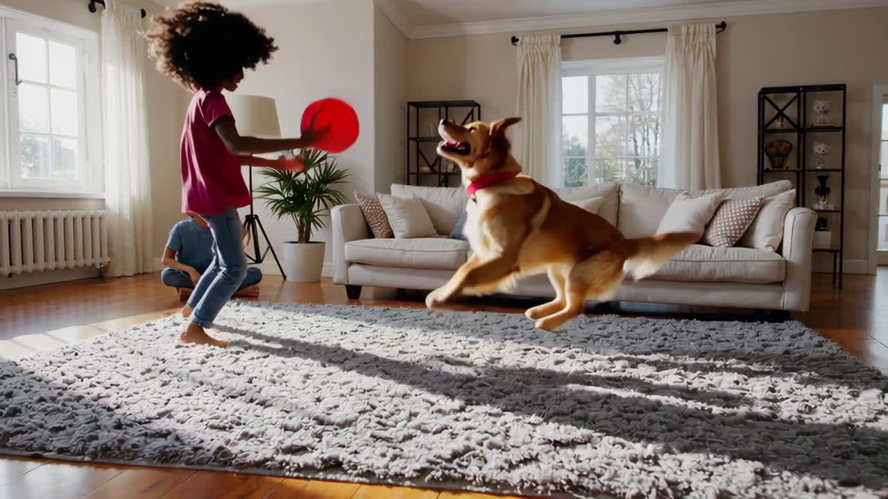 Bambini che giocano con il cane nel soggiorno