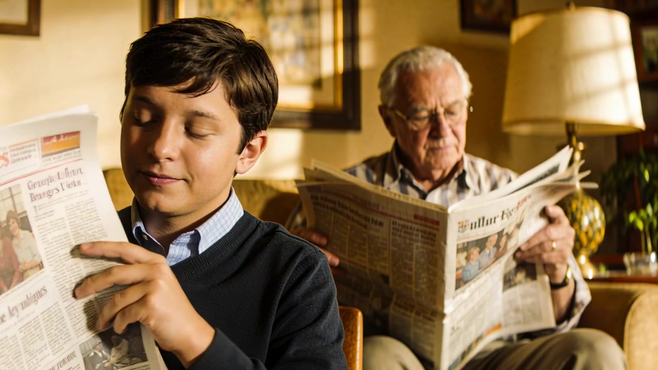 News grabbing boy in shirt moving newspaper scanning at home, senior adjusting glasses, copy space