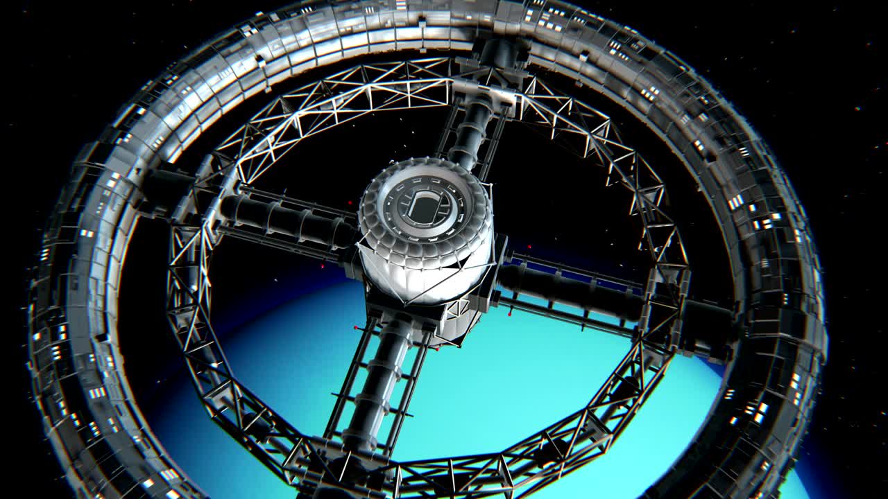 우라누스 배경에 있는 원형 우주 정거장