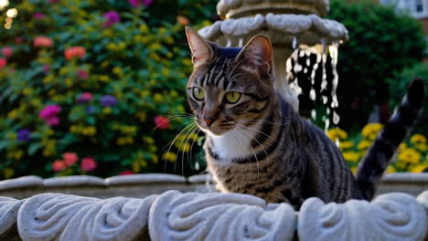 cat by a fountain in a garden
