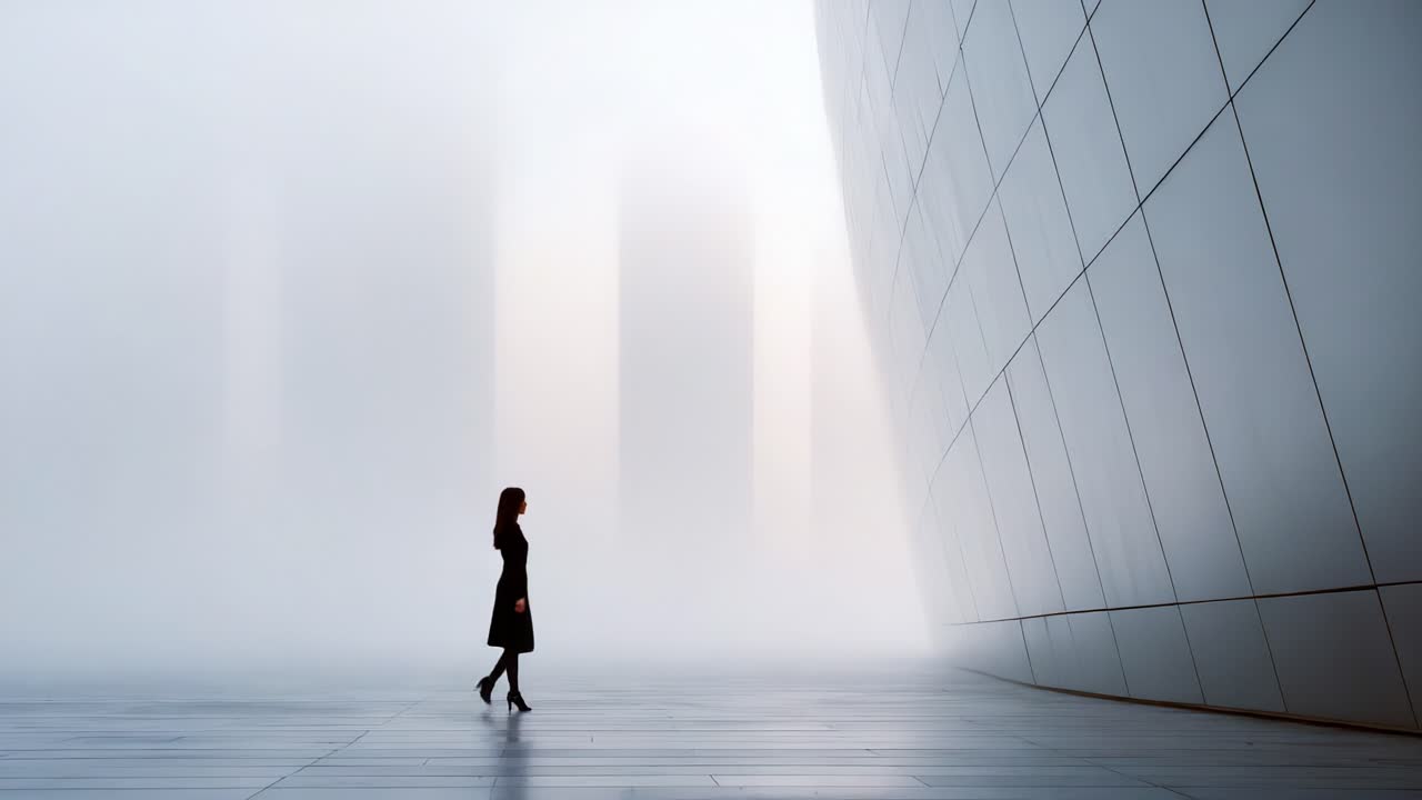 Una figura solitaria cammina attraverso un paesaggio urbano nebbioso, mostrando la bellezza del minimalismo e dell'isolamento sullo sfondo di imponenti strutture ombrose in lontananza