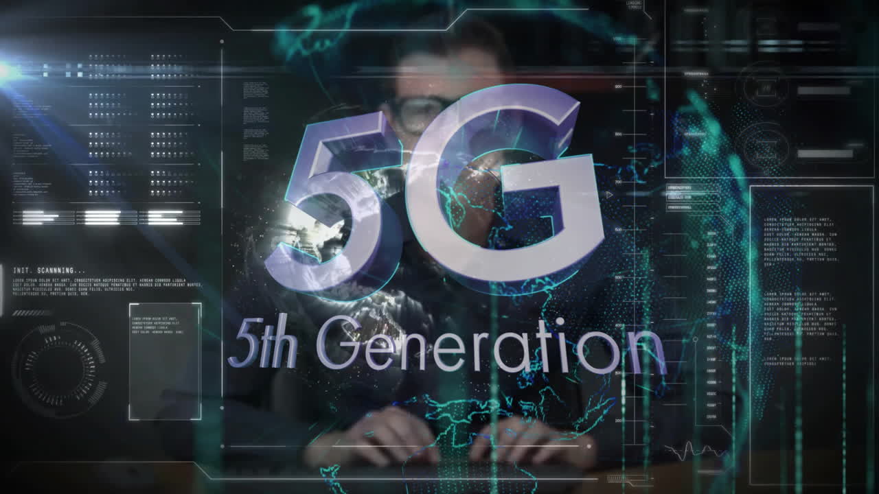 5G technology and data processing animation over person typing on keyboard