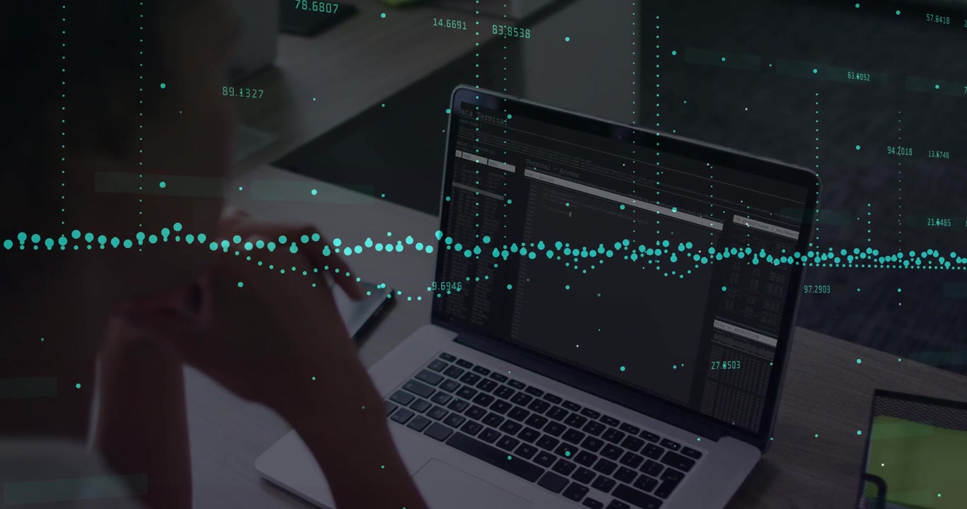 Woman leaning over laptop, tapping trackpad and updating teal waveform for data analytics notes