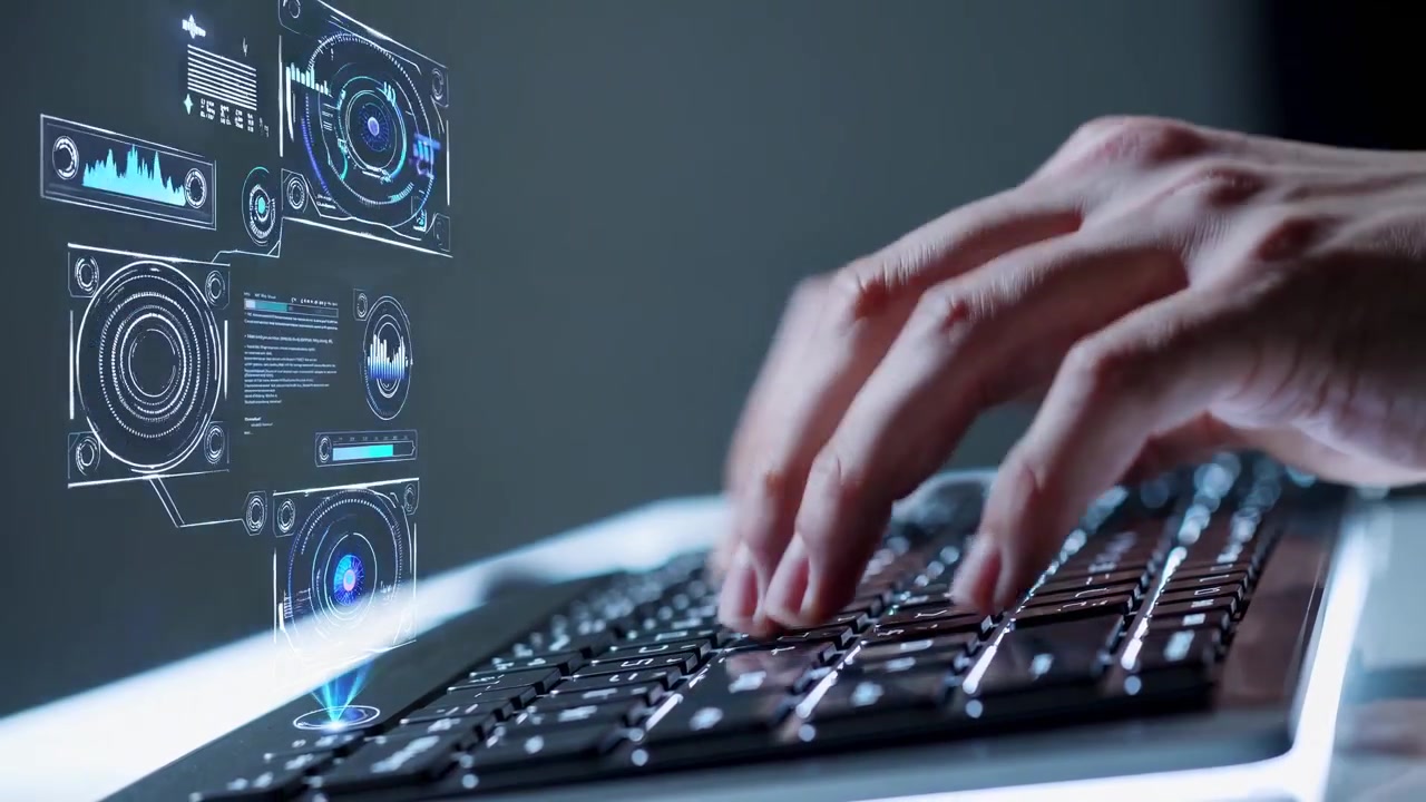 Person Typing on Laptop with Futuristic Digital Interface