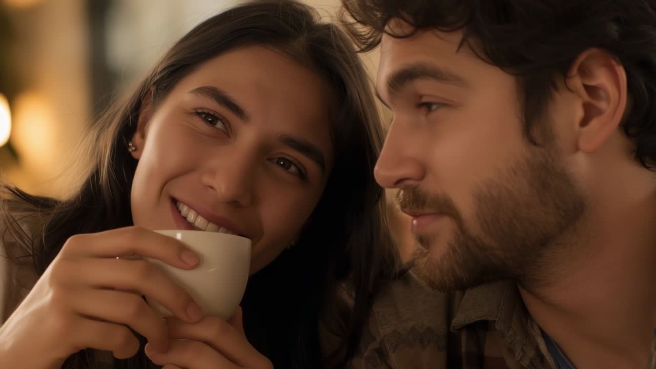 Mujer sonriente iniciando contacto visual e inclinándose hacia un hombre en una cafetería, sosteniendo una taza blanca, coqueteando