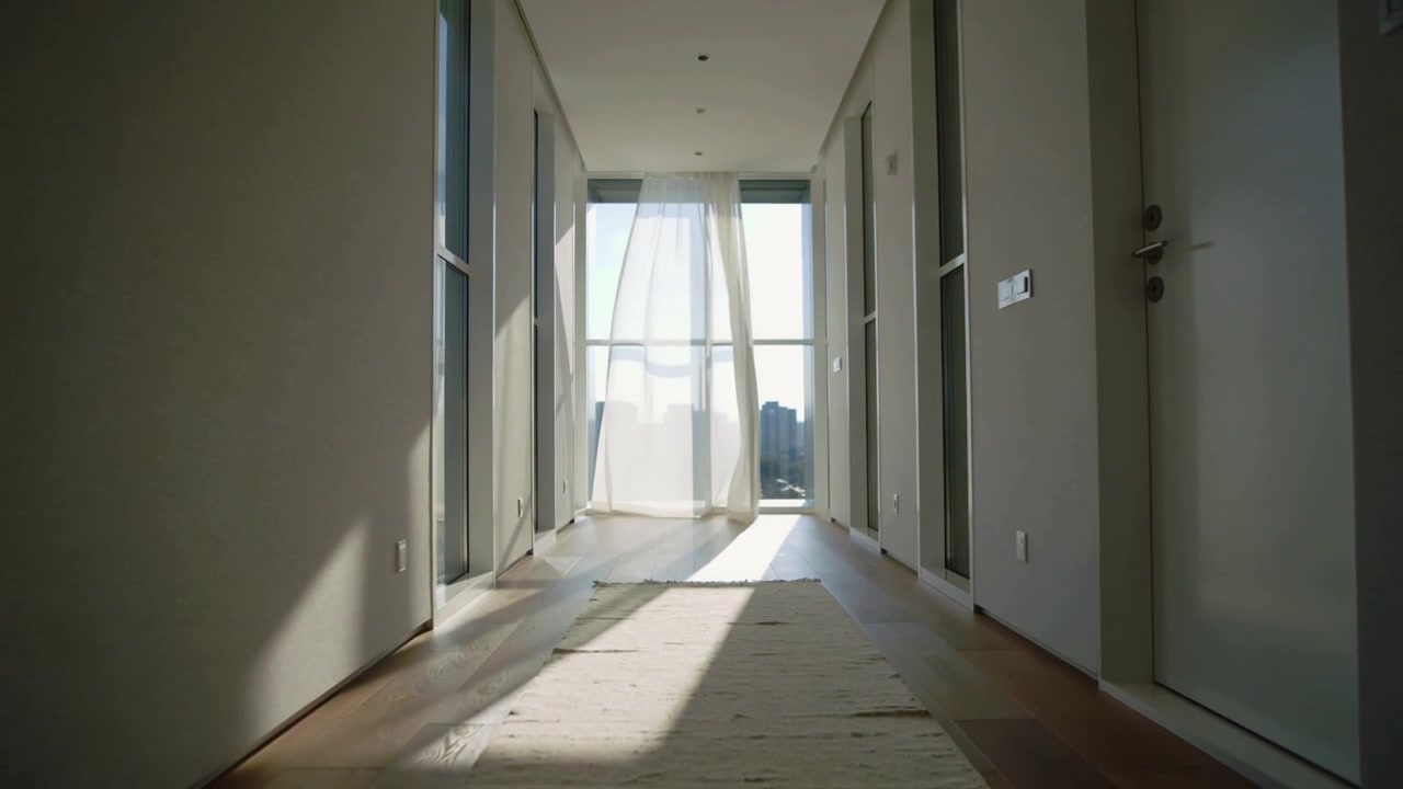 Tenda bianca velata che ondeggia e si gonfia nel corridoio di casa, la brezza dalla finestra sposta la luce sul tappeto.