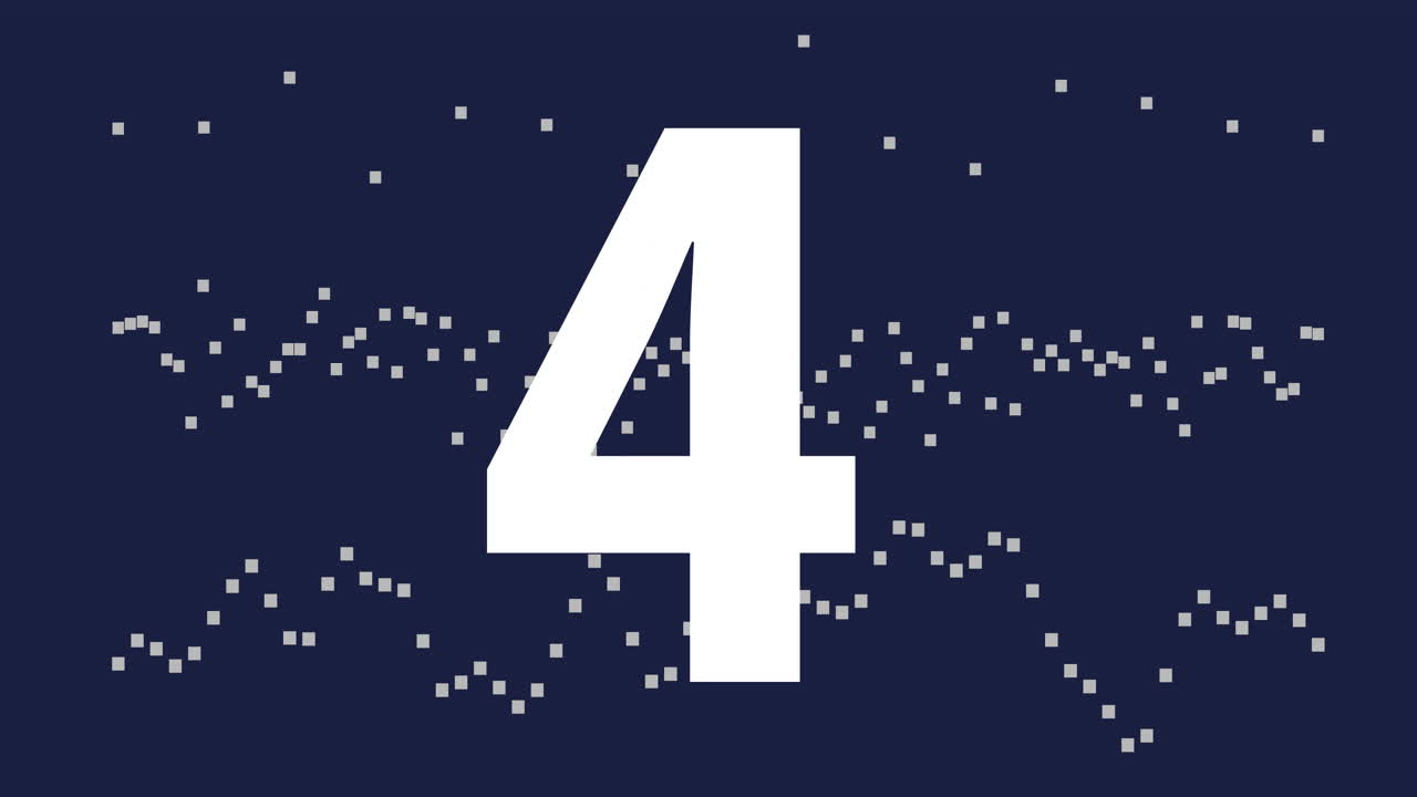 Animation of large white numbers with scattered squares on dark blue background