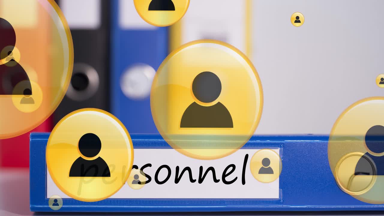 Animation of icons floating over binder with personnel