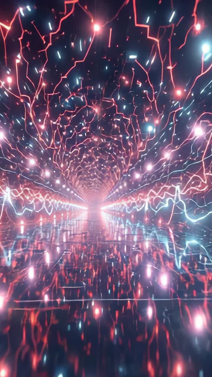 Vertical video: Opening jagged neon lines guiding view into data tunnel with nodes and mirror floor