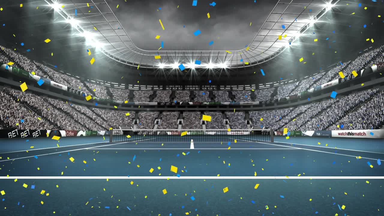 Animation of confetti falling over tennis court sports stadium