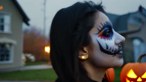 woman with black hair showcases intricate sugar skull makeup for halloween, posing outdoors during the evening. the vibrant colors and detailed designs highlight the festive spirit of the holiday