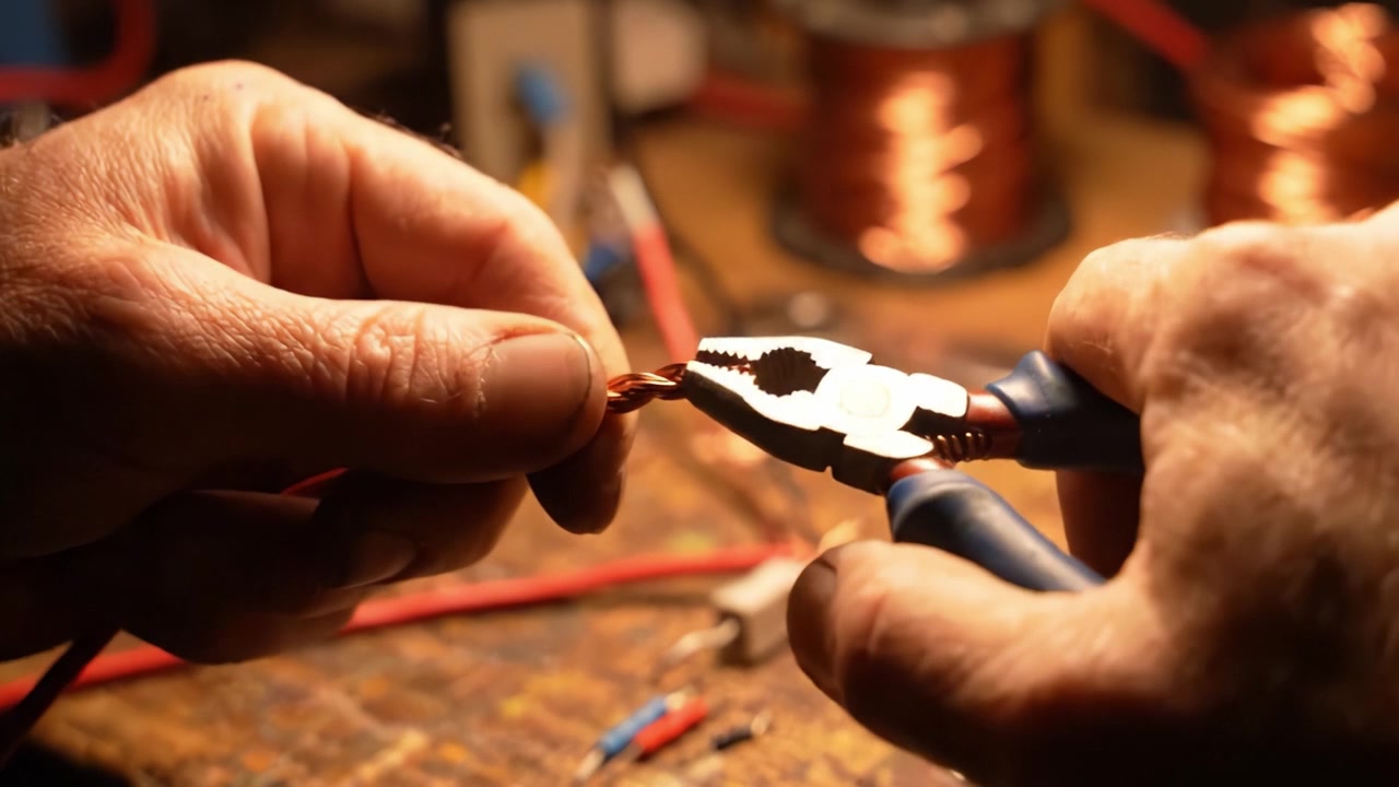 Demonstrating Precision Wire Stripping Techniques with Pliers and Twisted Copper - A Step-by-Step Guide to Wiring and Electrical Repairs