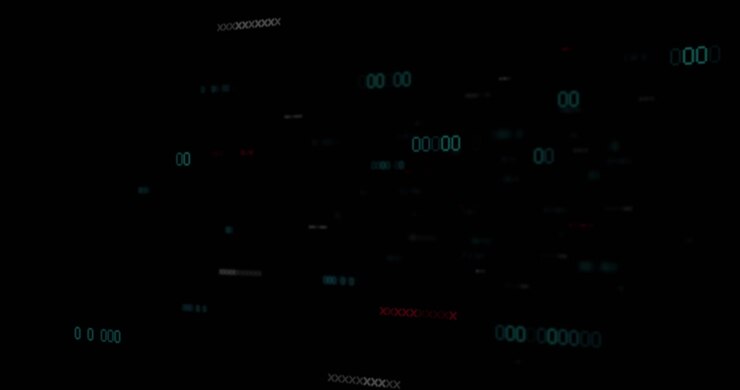 Animation of financial data processing and numbers on black background