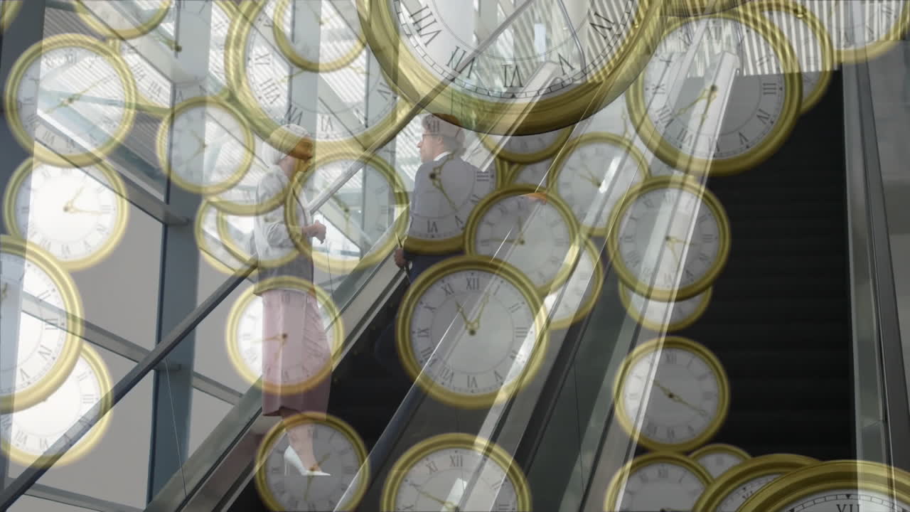 Animation of multiple clock faces overlaying person on escalator in modern building