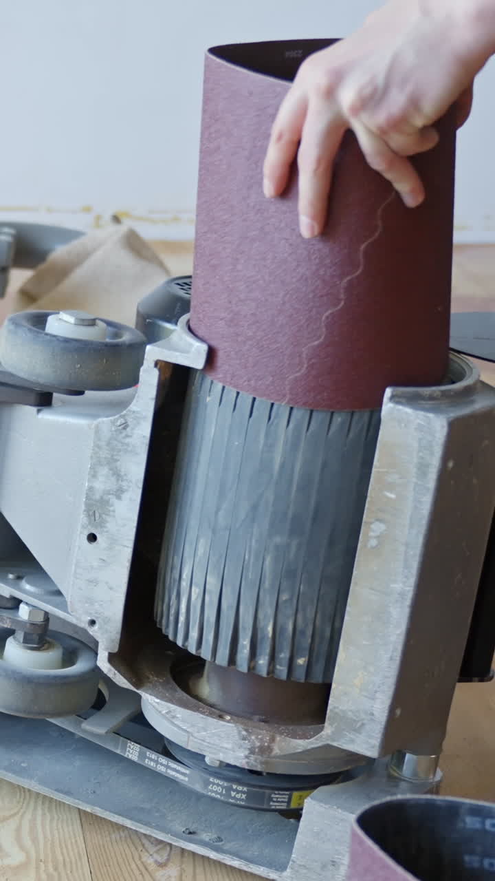 Vertical close-up of person’s hands installing fresh sandpaper roll on the drum of professional floor sanding machine, used for pine wood flooring renovation, with visible mechanism and details.
