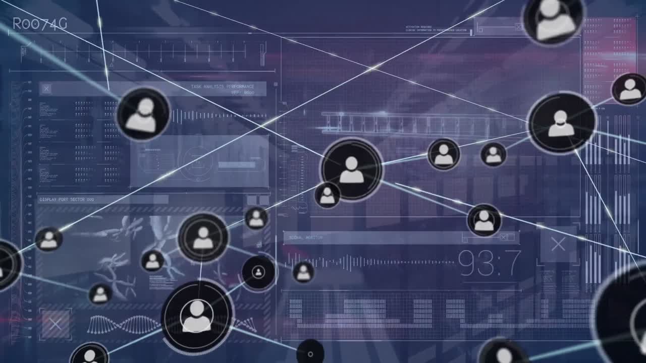 Animation of network of connections with icons and data processing over server room