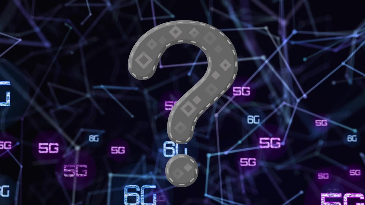 Question mark symbol and multiple 6g texts over network of connections against black background