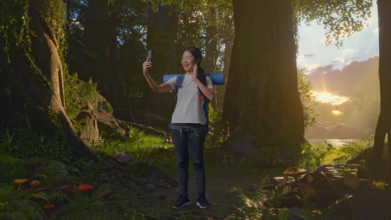 산악 배을 들고 있는 아시아 여성 하이커의 몸이 가득 차 있으며, 숲의 자연을 탐험하는 동안 스마트폰으로 비디오 통화를 하고 있습니다.