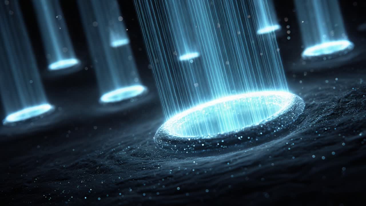 Seamless loop of sparkling blue energy particles streaming down into glowing circular portals on a dark, undulating abstract surface, futuristic magical data flow