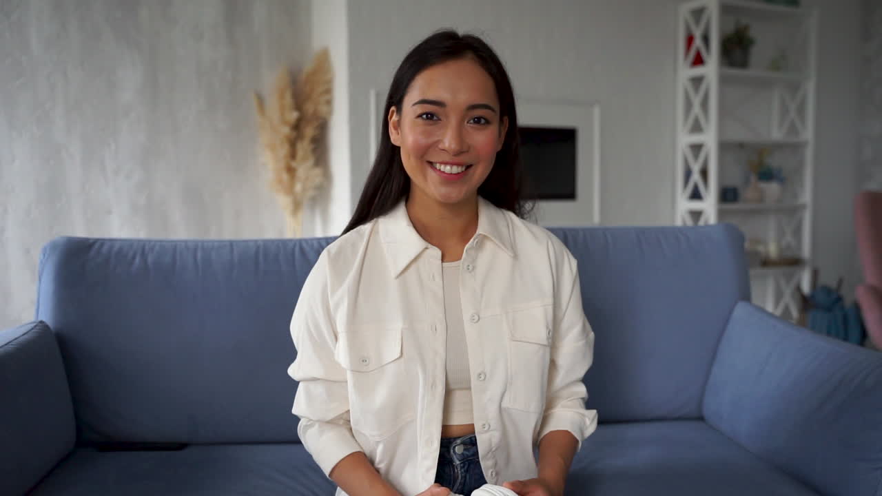 Pretty Young Woman Talking To Web Camera, Broadcasting In Streaming, Doing Online Video Call, Working From Home