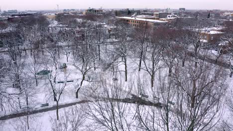 aerial shot of a public park in winter in montreal