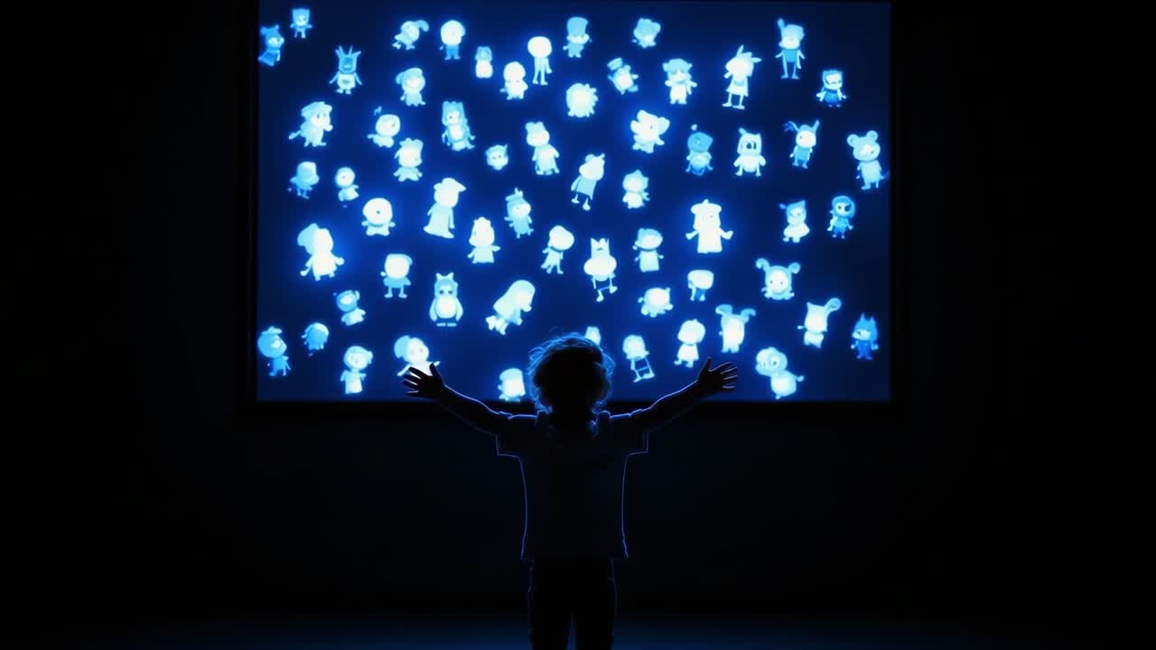 Child Watching Blue Animated Characters on a Screen