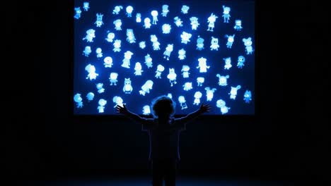 child watching blue animated characters on a screen
