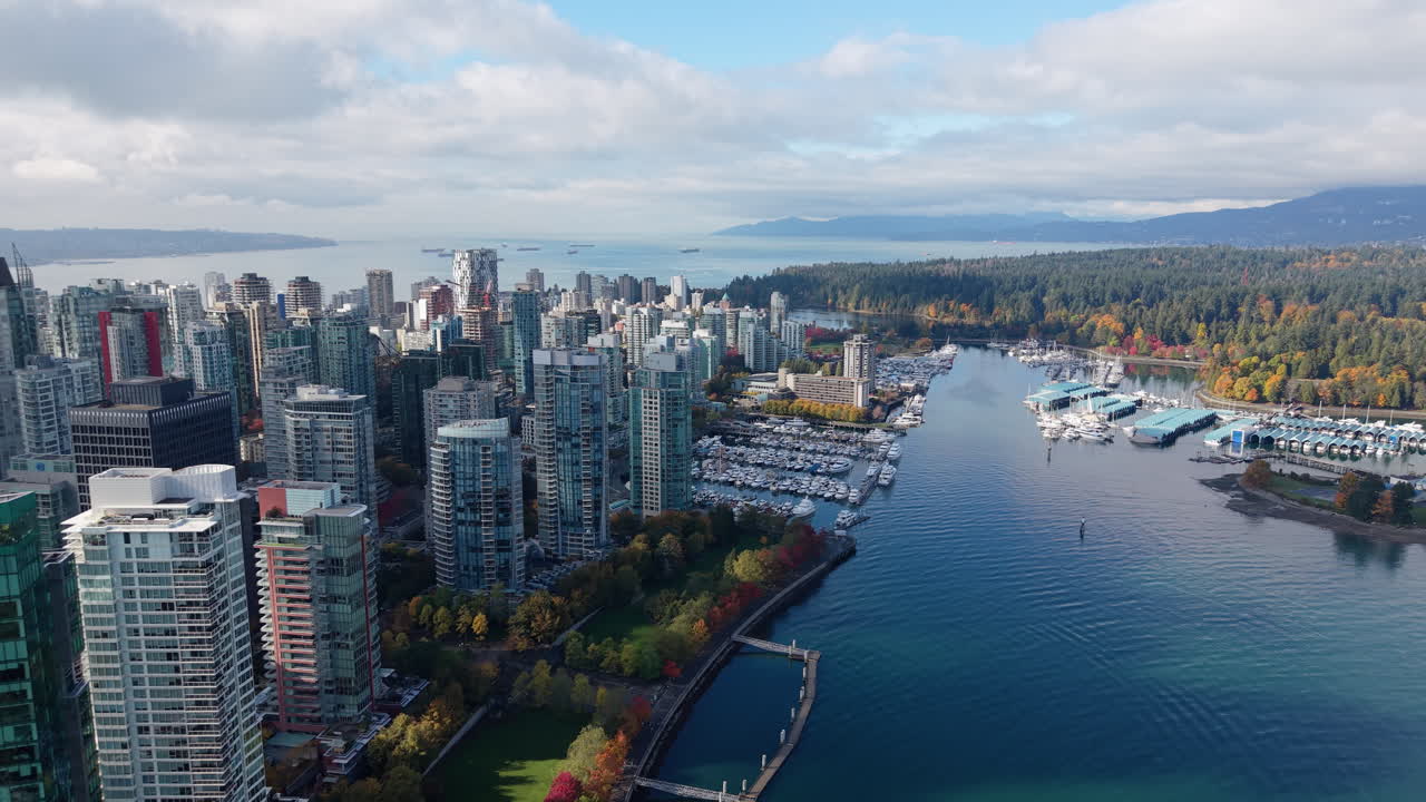 Rising Aerial of Downtown Vancouver and Stanley Park on a Sunny Autumn Afternoon